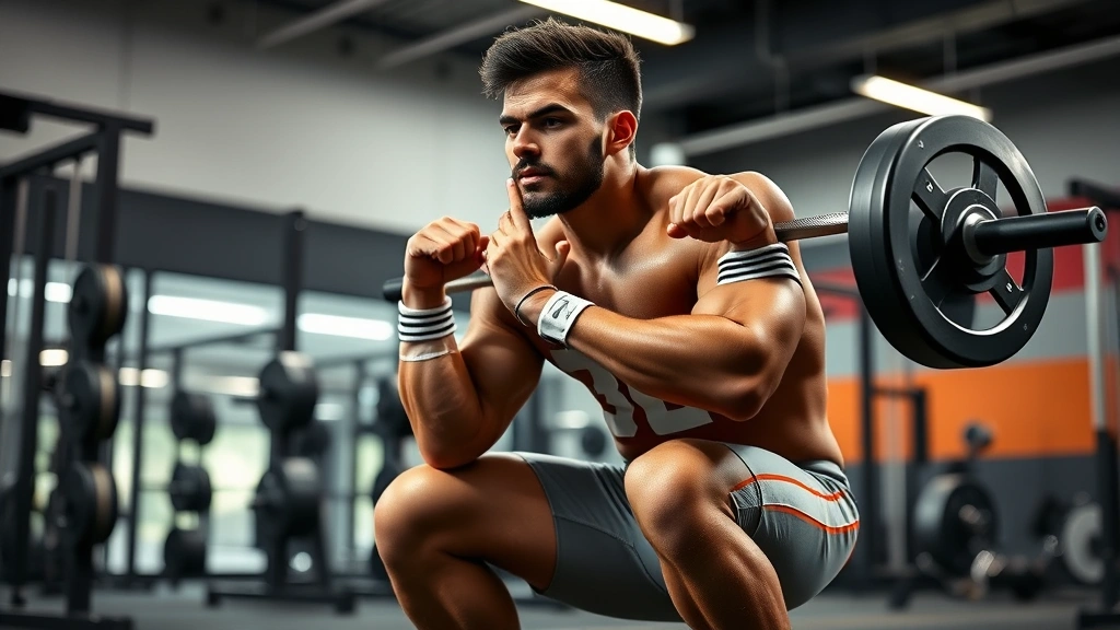 College football player performing explosive squat lift in modern strength training facility with determination, surrounded by strength training equipment, focused athletic expression, professional lighting showing muscle definition