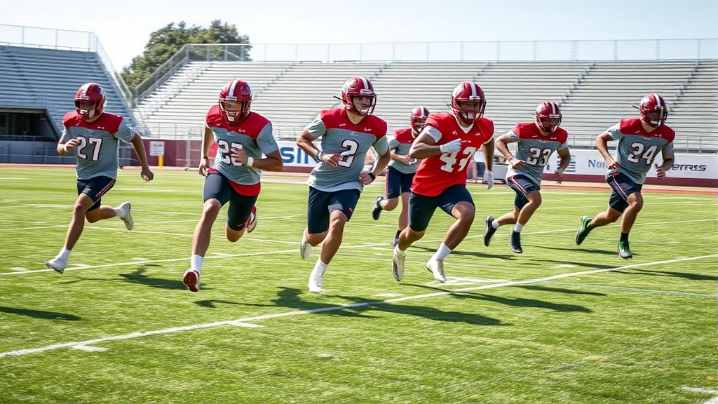Multiple college football athletes sprinting at full speed on grass field during conditioning drill, athletic uniforms, dynamic motion blur, showcasing explosive power and speed development, outdoor stadium environment