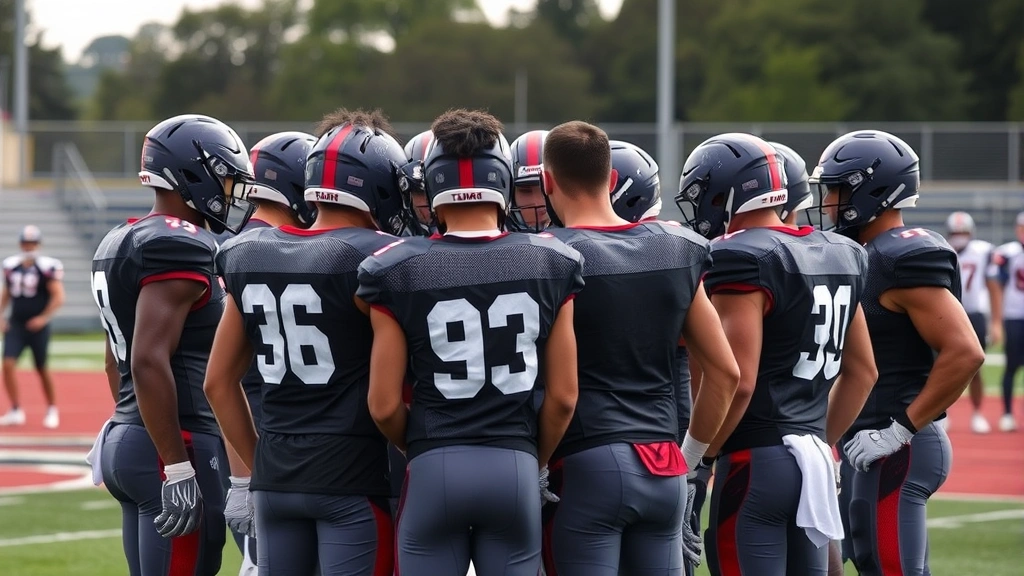 College football team huddling together after intense training session, showing camaraderie and mental toughness, players in athletic gear with visible perspiration, outdoor field setting, motivational team atmosphere