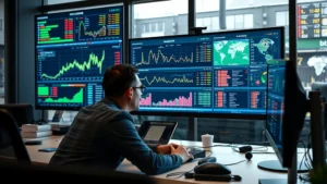 Professional sports analyst studying statistics on large monitor displaying football analytics, charts, and team performance data in modern betting office environment