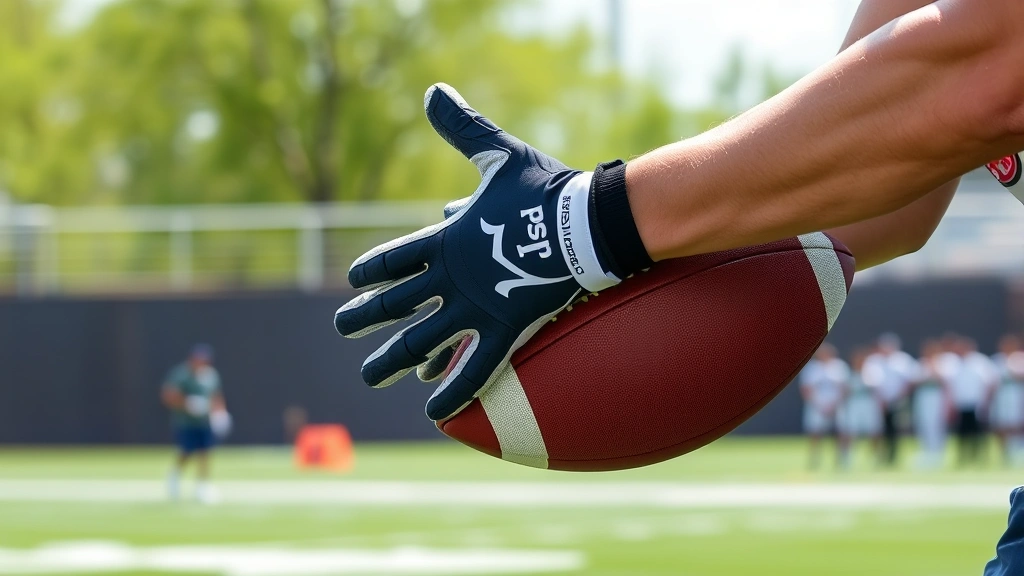 College football player wearing premium grip gloves making an athletic catch during practice, hands gripping football with intense focus, outdoor field setting with stadium visible in background
