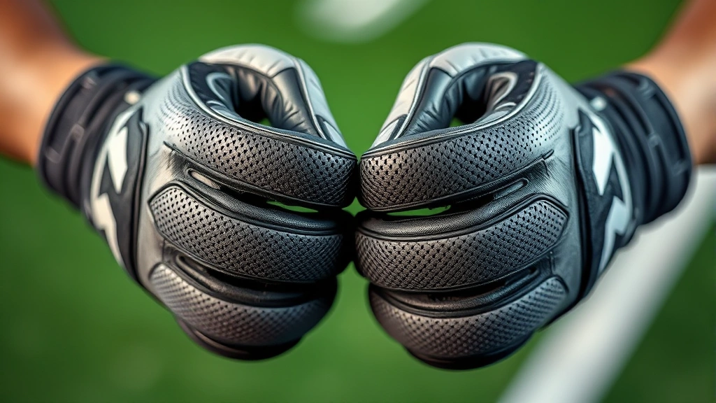 Close-up of football glove grip surface showing advanced synthetic materials and texture detail, hands positioned ready for action, professional athletic equipment photography