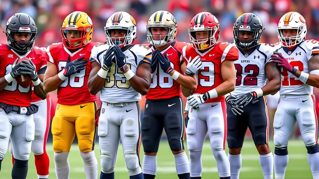 Diverse college football players lined up showing different glove styles for various positions - receivers with sleek gloves, defensive backs with padded options, linebackers with protective gear, team colors visible