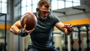 Muscular college football athlete wearing high-performance compression shirt and training gear, performing explosive medicine ball slam exercise in modern gym with metal weights visible, dynamic athletic movement captured mid-action