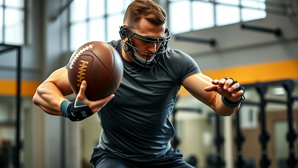 Muscular college football athlete wearing high-performance compression shirt and training gear, performing explosive medicine ball slam exercise in modern gym with metal weights visible, dynamic athletic movement captured mid-action