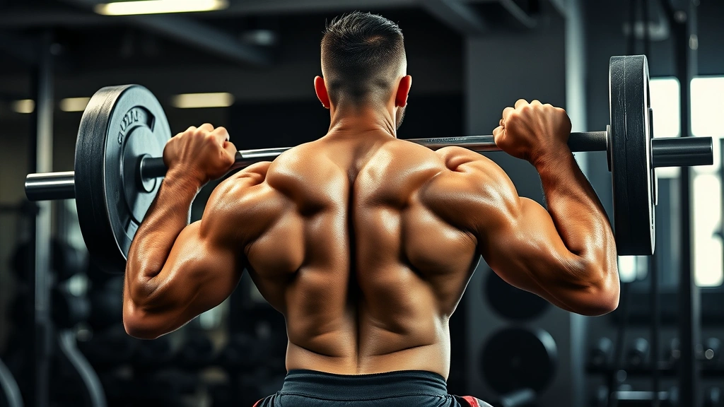 Muscular athlete performing heavy barbell back squat in professional gym with intense focus, sweat visible, proper form demonstrated, dynamic lighting