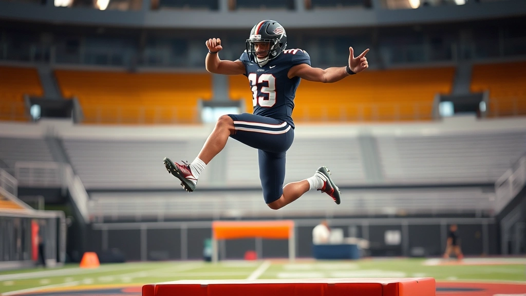 College football player executing explosive box jump in training facility, powerful leg extension captured mid-air, athletic physique, stadium background blurred
