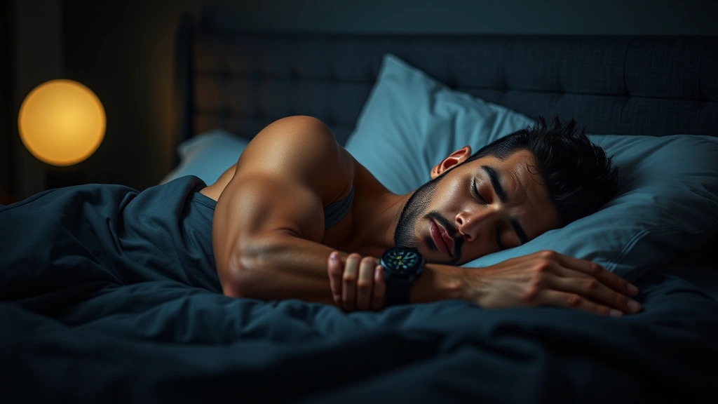 Recovery scene showing athlete sleeping peacefully in dark bedroom with athletic watch tracking metrics, peaceful expression, comfortable bed setup