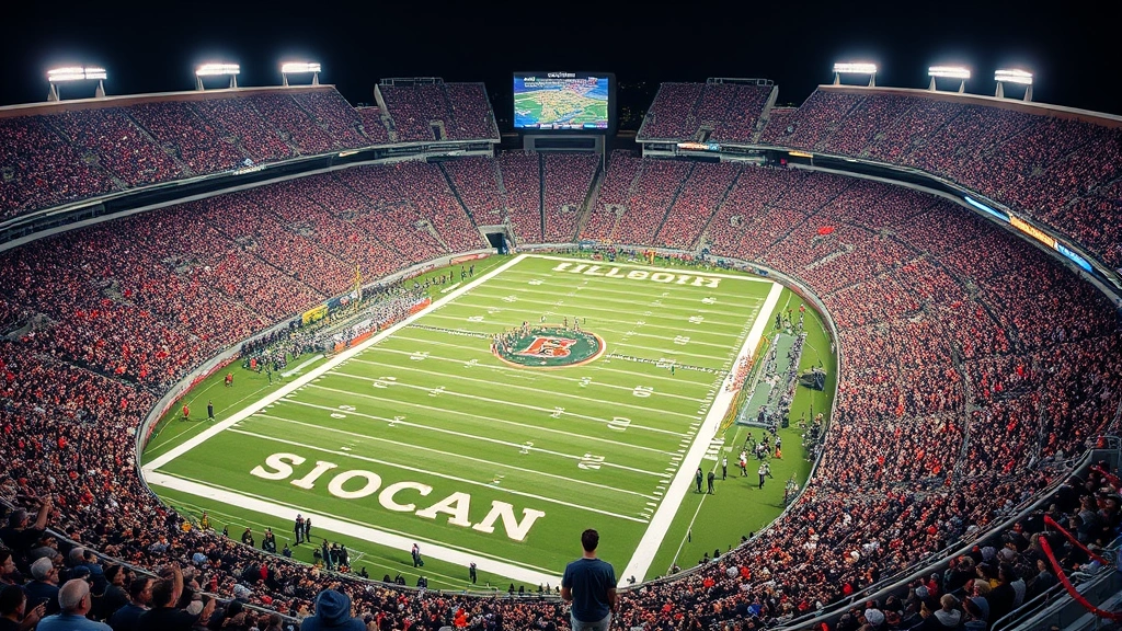 College football stadium packed with passionate fans, bright game day lighting, players in action mid-play, aerial view showing the field and crowd energy