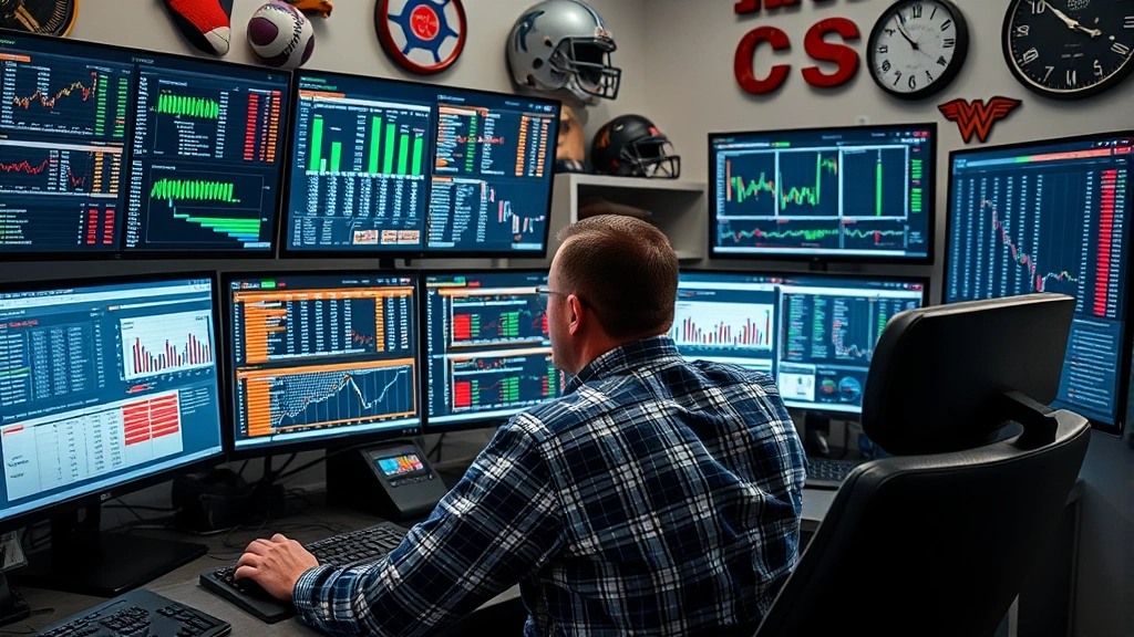 Professional sports bettor analyzing data on multiple monitors, spreadsheets and statistics visible, focused expression, modern office environment with sports memorabilia