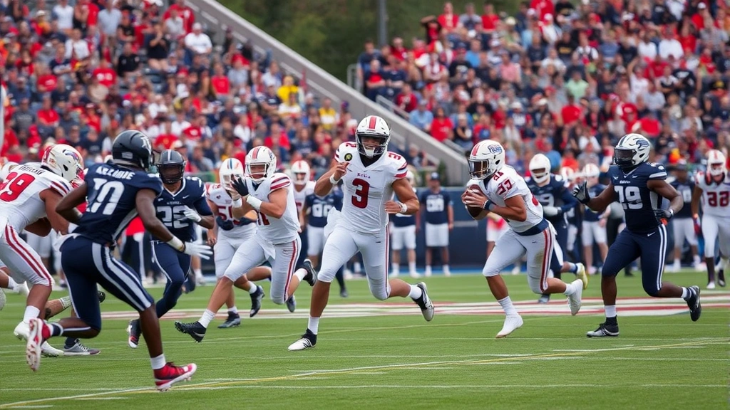 College football game action: quarterback in pocket with receivers running routes, defensive players pursuing, dynamic mid-play moment, stadium atmosphere visible