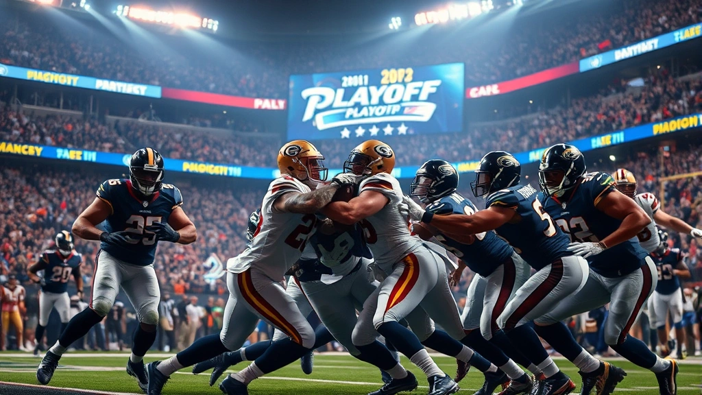 Professional football players in intense playoff game action, crowded stadium with dramatic lighting, championship atmosphere, players colliding mid-play, crowd energy visible in background