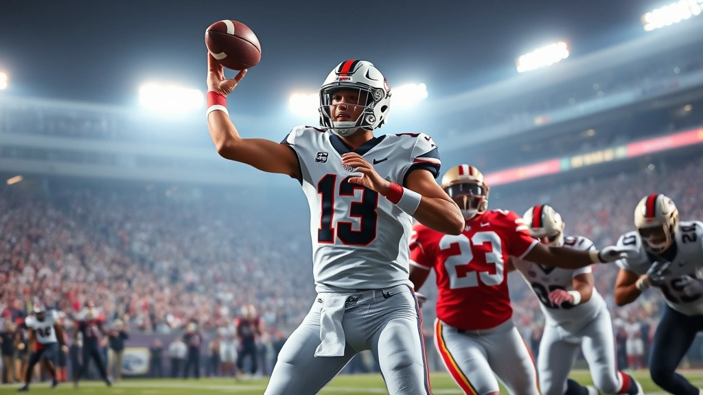 Elite college football quarterback throwing touchdown pass during high-pressure playoff game, defenders rushing, receivers in motion, stadium lights creating dramatic shadows