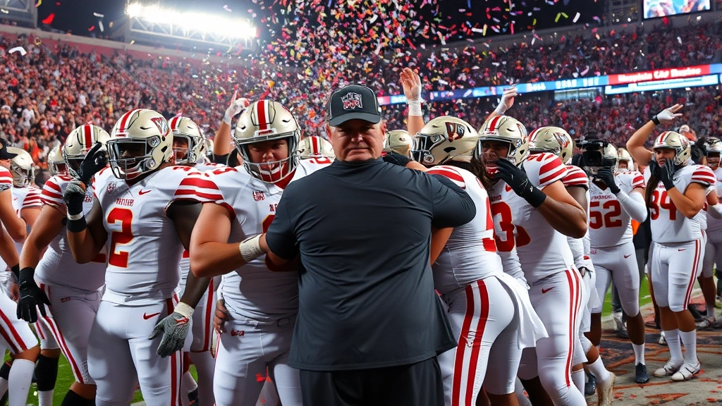 Celebration scene of college football team after playoff victory, players embracing, coach celebrating sideline, confetti falling, emotional intensity and championship moment captured