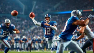Elite quarterback in blue jersey throwing football during high-pressure playoff game, defensive linemen rushing from both sides, crowd blurred in background, dramatic stadium lighting, intense competitive action