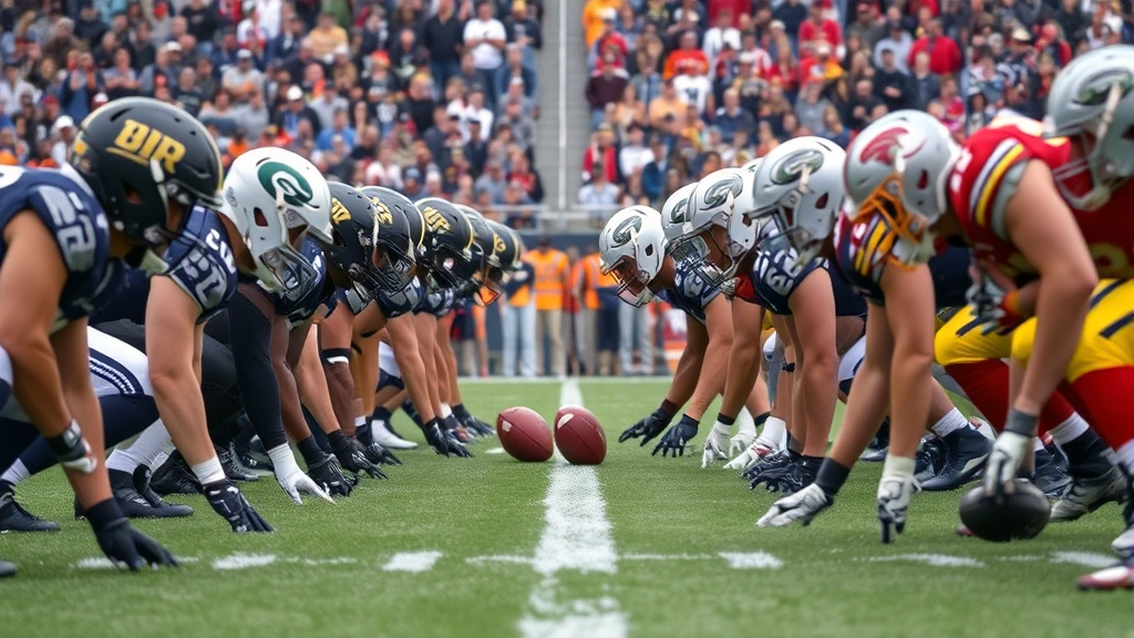 Two teams' defensive units lined up across from each other at line of scrimmage, pre-snap positioning, players in ready stance, crowd energy visible in background, championship-level intensity captured