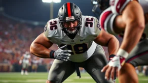 Elite college football defensive lineman in aggressive pass rush stance, low pad level, hands engaged with offensive lineman, stadium lights bright in background, intense facial expression, photorealistic action shot