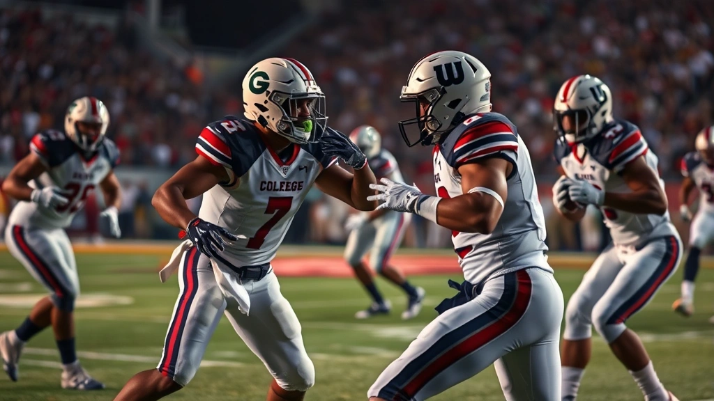 College football secondary defenders in man coverage technique, cornerback and safety communicating pre-snap, hands ready position, opposing receivers running routes downfield, realistic game moment, dramatic lighting