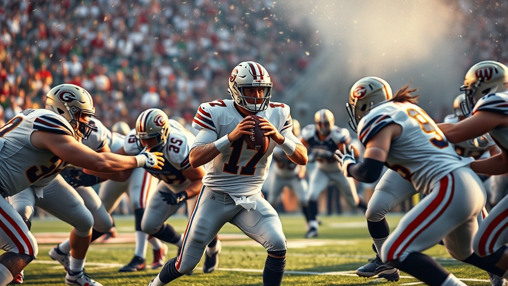 Quarterback under pressure during college football playoff game, defensive line penetrating gaps, offensive line struggling to maintain blocks, quarterback scanning downfield frantically, action-packed moment, high-intensity photorealistic image