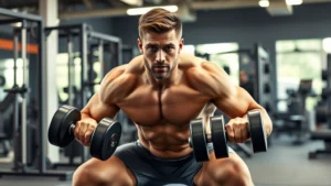 Muscular college football player performing explosive squat exercise in professional gym with dumbbells and strength training equipment, intense focus expression, athletic physique
