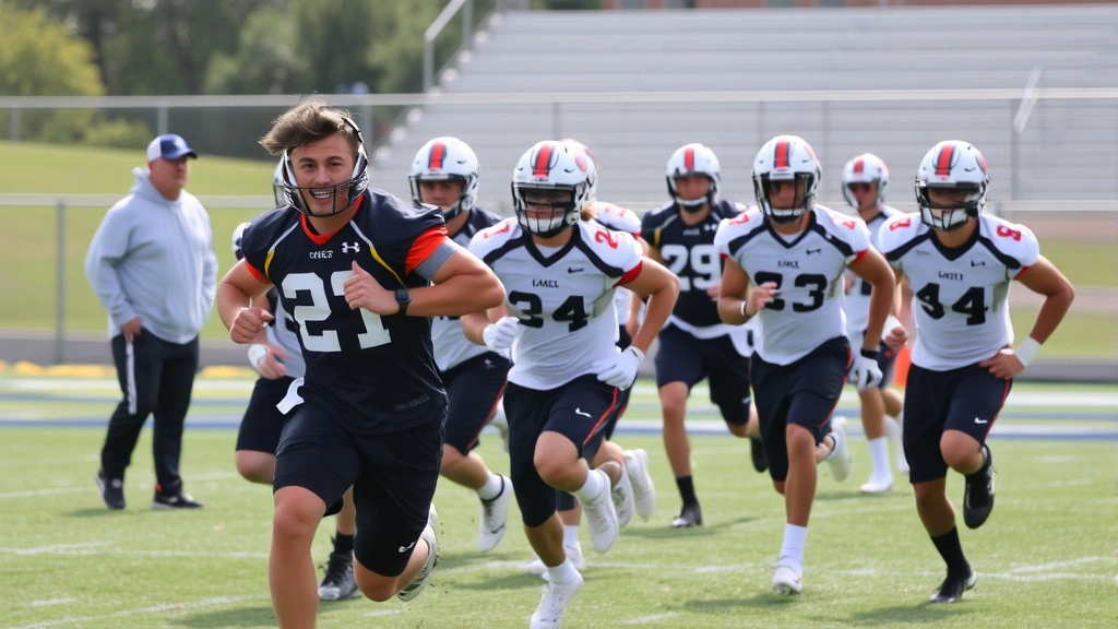 College football team practicing high-intensity conditioning drill with coach supervising, athletes in mid-sprint performing agility work, professional field setting, determined expressions