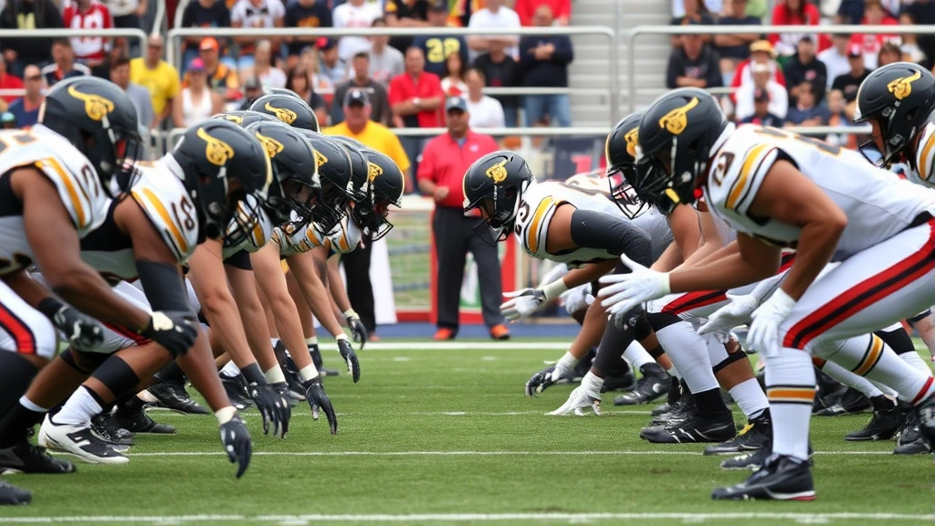 Football defensive line formation in ready stance, players showing intense concentration and physical preparation, sideline atmosphere with coaches visible, dynamic sports action