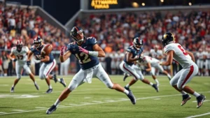 Athletic college football players executing offensive play during game, quarterback throwing football downfield, receivers in motion, dynamic action shot, stadium lights visible, intense competitive moment