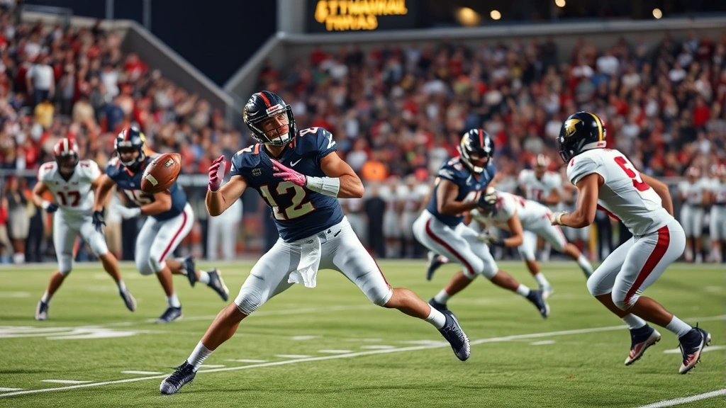 Athletic college football players executing offensive play during game, quarterback throwing football downfield, receivers in motion, dynamic action shot, stadium lights visible, intense competitive moment