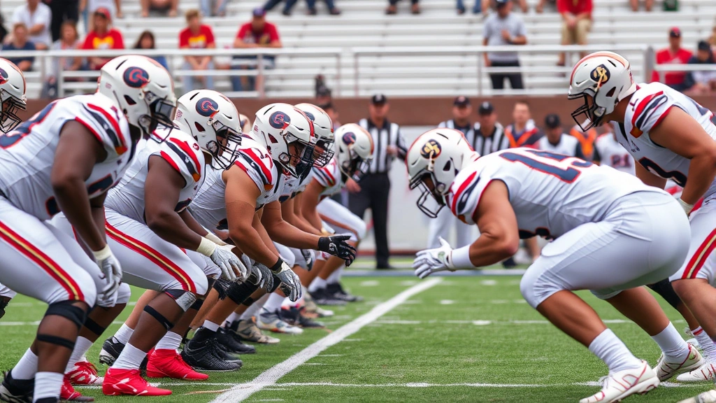 Defensive college football players in formation executing coverage scheme, secondary and linebacker positioning, defensive line at line of scrimmage, focused athletes preparing for snap, game day intensity