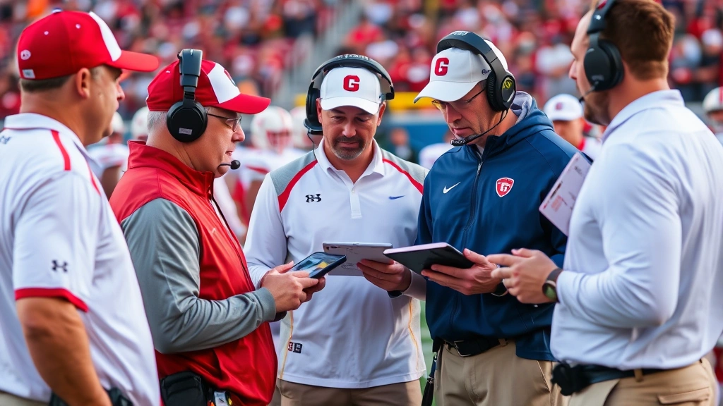 College football coaching staff reviewing game film and statistics on sideline, coaches analyzing performance data on tablets, strategic discussion between coordinators, preparation and analysis focus
