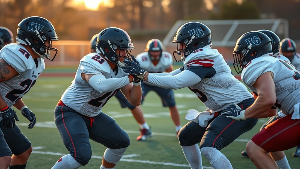College football offensive linemen executing blocking drill during practice, proper pad level and hand placement technique, morning sunlight on field