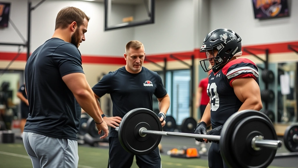 Strength and conditioning coach demonstrating proper weight room technique to football players, barbells and equipment visible, athletic facility background