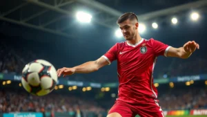 Professional male soccer player executing precision pass during international match under stadium lights, focused expression, high-quality sports photography