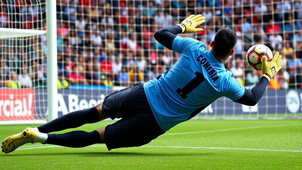 Goalkeeper making dramatic diving save during international football match, Colombian or Argentine goalkeeper stretching full extension to block powerful shot, net visible, crowd in background, showing athletic skill and defensive excellence in high-stakes competition