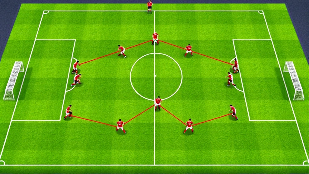 Football team tactical formation diagram visualization showing players positioned on field during match, demonstrating strategic positioning and spacing, multiple players in action showing pressing intensity and positioning discipline during international competition