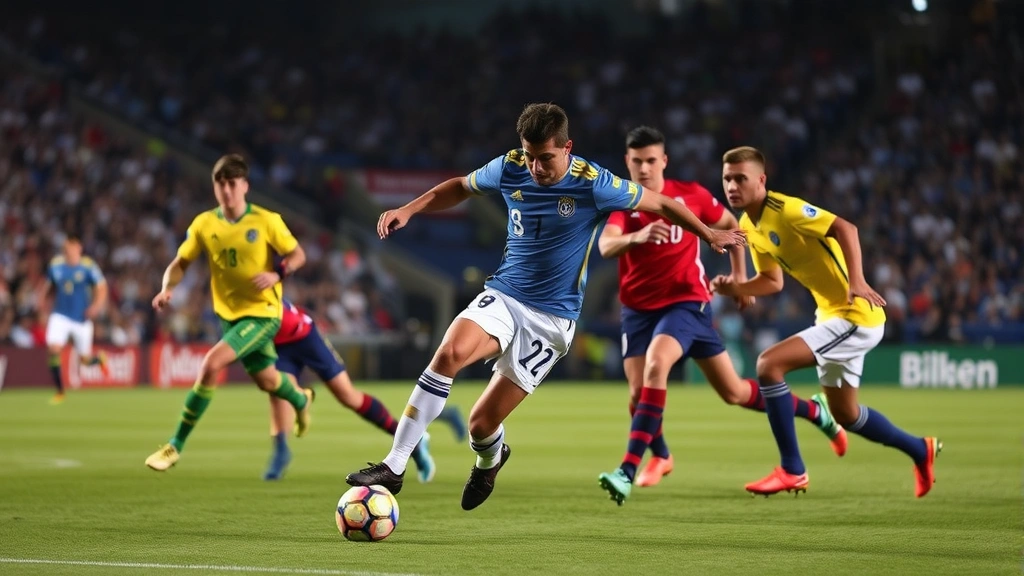 Professional soccer players from South America in national team colors during intense midfield battle, dynamic movement, competitive energy, stadium lighting