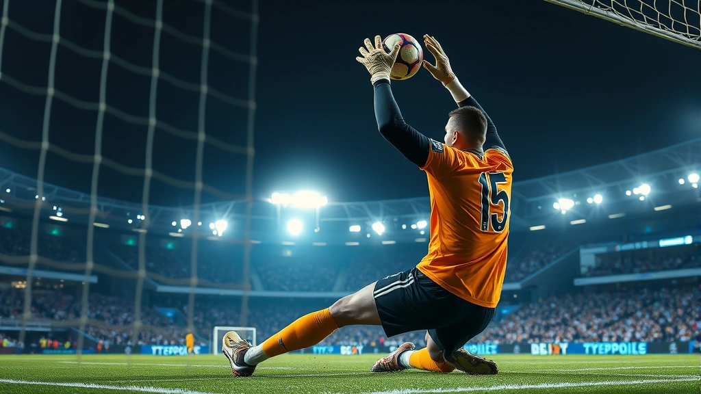 Football goalkeeper making a crucial save during international match, athletic positioning, dramatic action moment, professional stadium environment, dramatic lighting