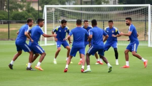 Professional Colombian national football team players in blue jerseys performing high-intensity pressing drill during training session, showing defensive positioning and communication on outdoor pitch with goal posts visible