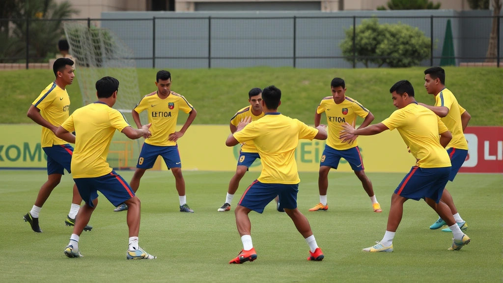 Ecuador national team players in yellow jerseys executing coordinated defensive shape drill, demonstrating compact positioning and spatial awareness during structured training exercise on professional football field