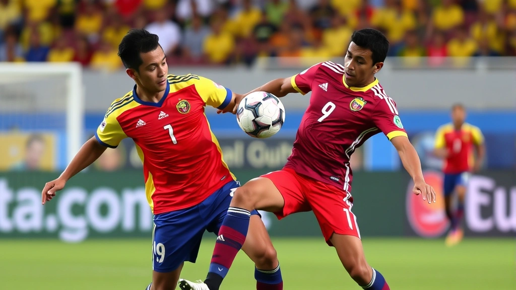 Head-to-head competitive match between Colombia and Ecuador national teams, showing players battling for possession in midfield with intense focus, tactical positioning, and athletic commitment during official international fixture