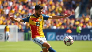 Professional football player in Colombian national team jersey executing precise midfield pass during international match, stadium crowd blurred background, dynamic athletic movement, bright daylight condition