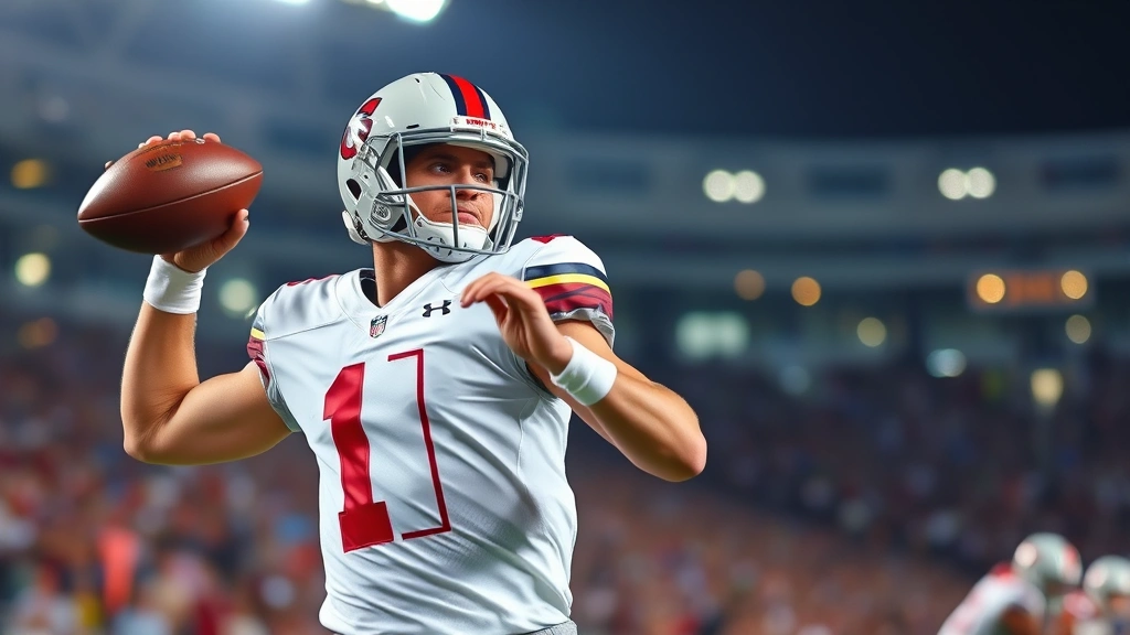 Professional college football quarterback mid-throw during game, focused expression, stadium lights background, athletic form and precision motion