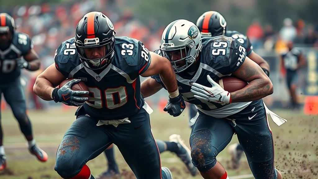 Defensive lineman pursuing running back, low pad level, intense game action, muddy field surface, championship intensity and physical contact