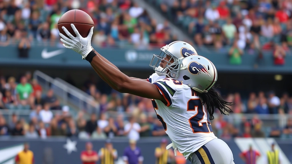 Wide receiver making contested catch in traffic, body control and hand placement, defender nearby, stadium crowd blurred background, athletic excellence