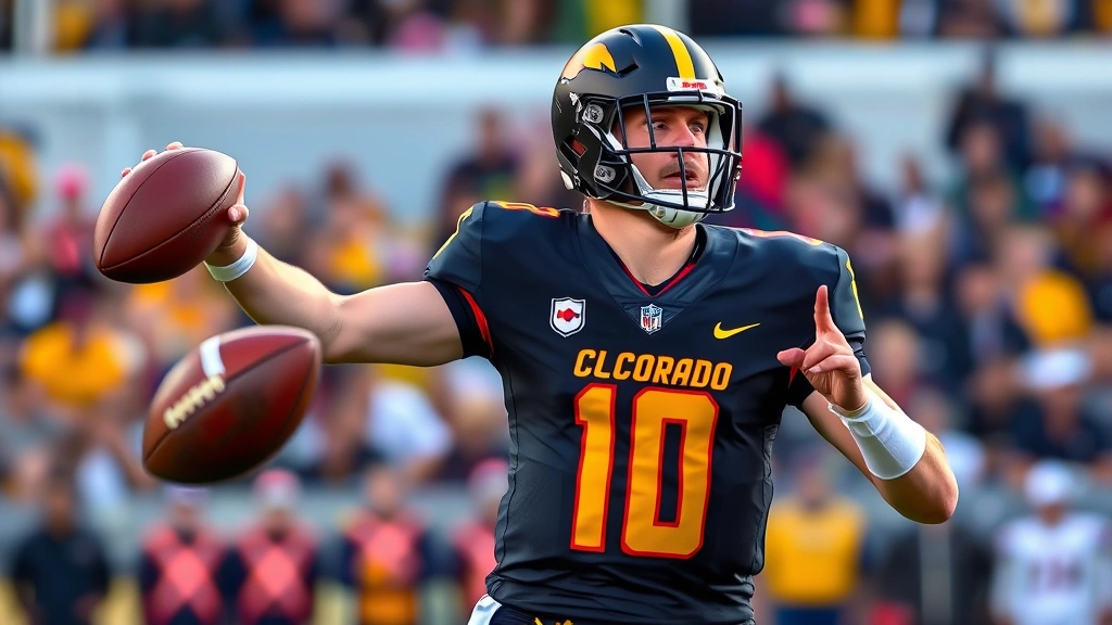 Professional football quarterback in Colorado uniform releasing football mid-throw during game action, crowd blurred background, athletic form captured mid-motion, stadium lighting