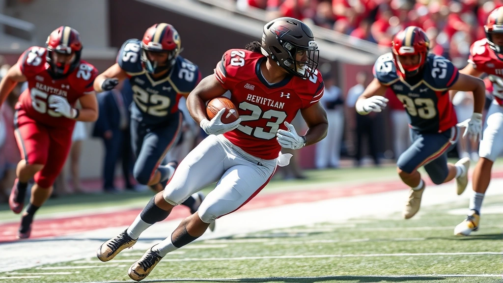 College football running back evading defenders with explosive lateral movement, ball secure in hands, athletic physique visible, dynamic action photography capturing change of direction