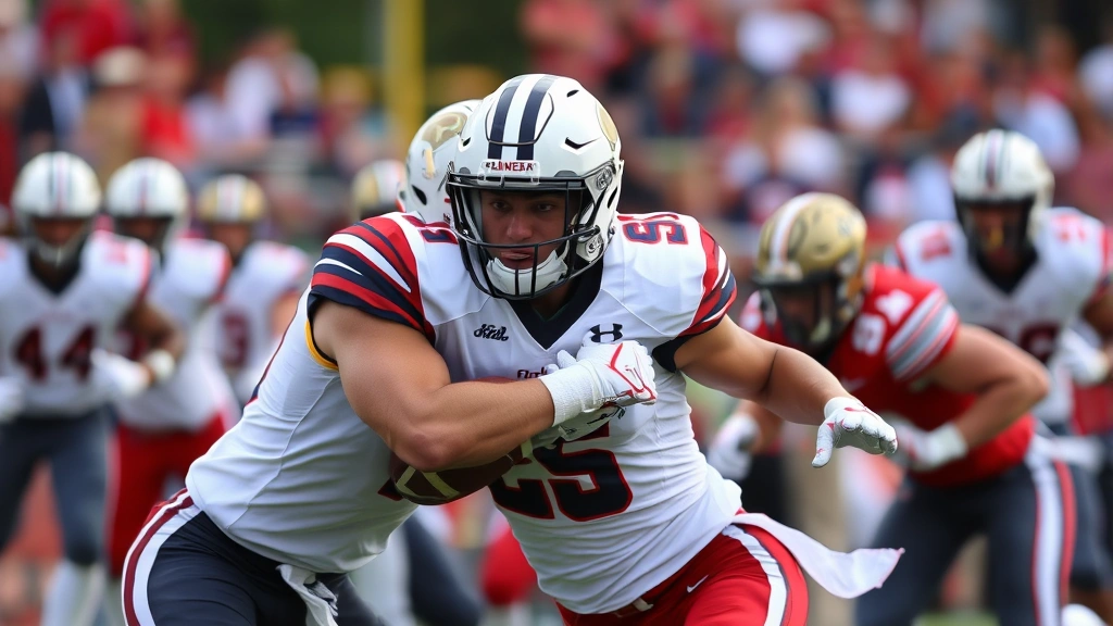 Defensive linebacker making tackle in college football game, proper form with shoulder contact, two opposing players engaged, action captured at moment of impact