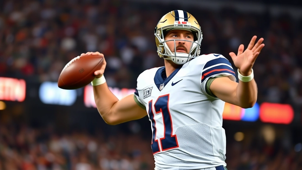 Professional college football quarterback mid-throw during game, focused expression, stadium lights background, action shot capturing athletic form