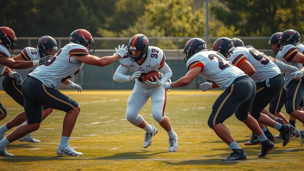 Defensive line players engaged in gap control during running play, multiple defenders converging on ball carrier, intense physical competition