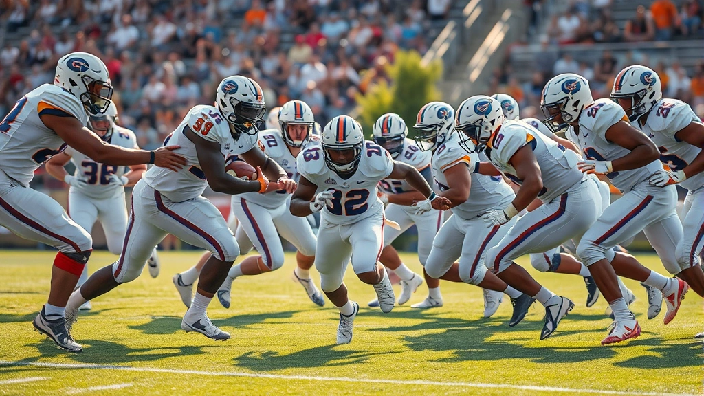 Defensive line players in white jerseys pursuing running back through hole, gap integrity and pursuit angles visible, intense physical contact and determination evident on faces, afternoon stadium lighting
